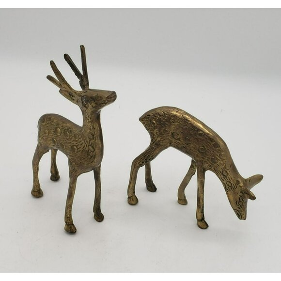 Vintage Solid Brass Deer Figurines Set Of 2 Grazing 4.5" Standing 6.5" Christmas - Picture 4 of 7